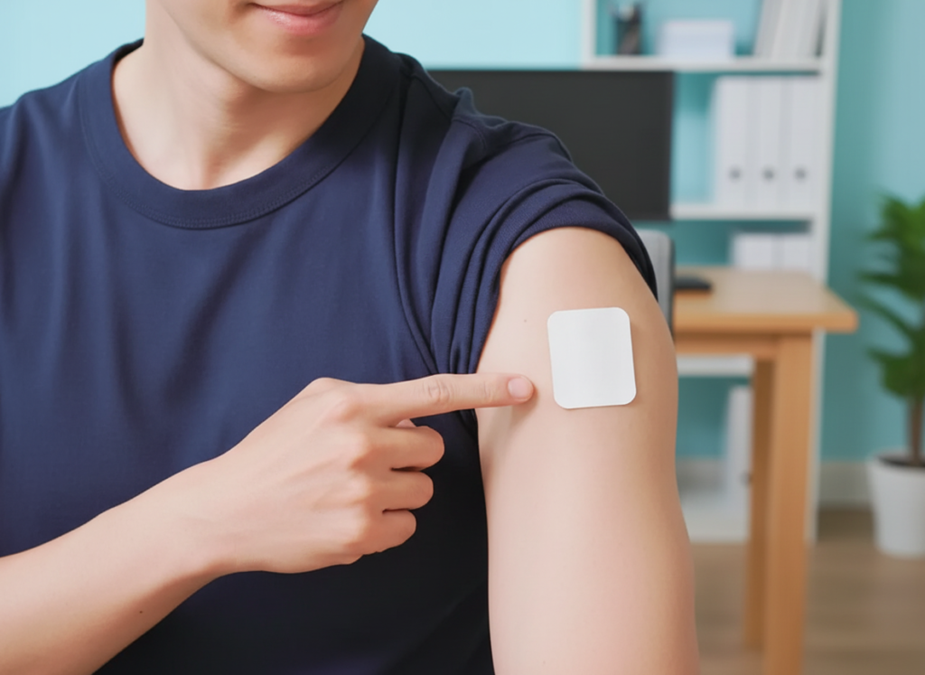 nicotine patch placed on a persons arm and a finger pointing towards it