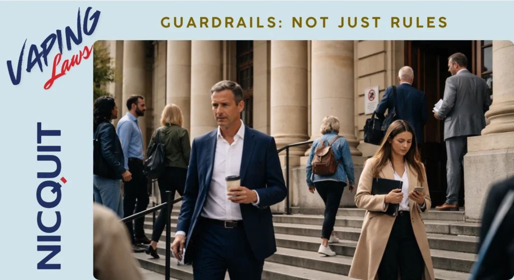 People walking outside a courthouse building, reflecting Australian government regulation and public health policy on smoking and vaping