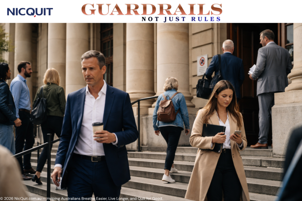 People walking outside a courthouse building, reflecting Australian government regulation and public health policy on smoking and vaping