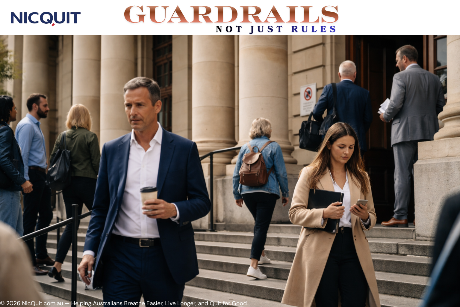 People walking outside a courthouse building, reflecting Australian government regulation and public health policy on smoking and vaping
