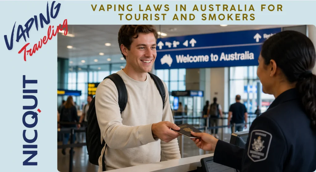 Traveler presenting passport at Australian airport, showing vaping laws in Australia for tourists and entry restrictions
