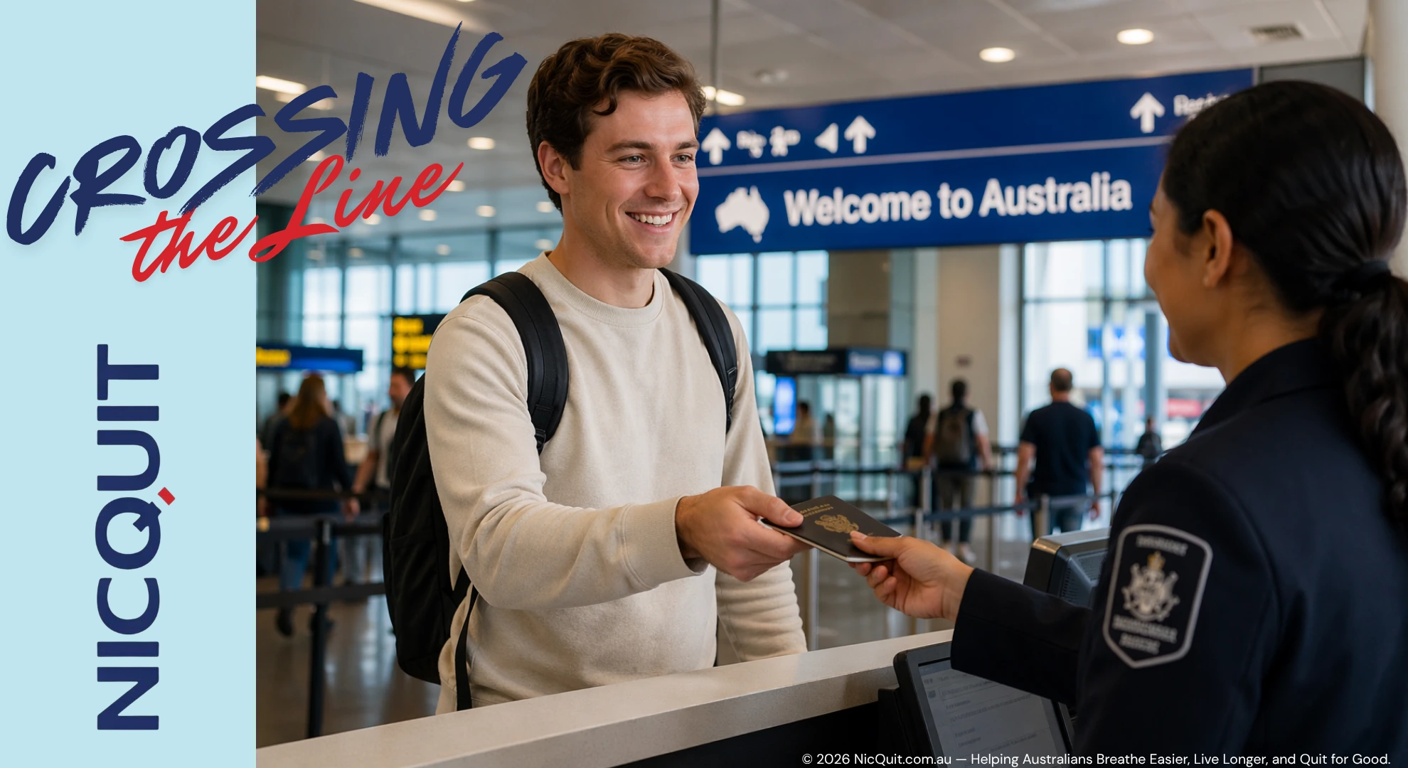 Traveler presenting passport at Australian airport, showing vaping laws in Australia for tourists and entry restrictions