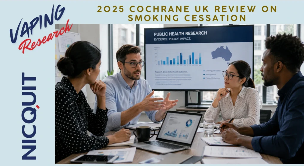 Researchers and professionals discussing smoking and vaping research during a collaborative meeting in the UK
