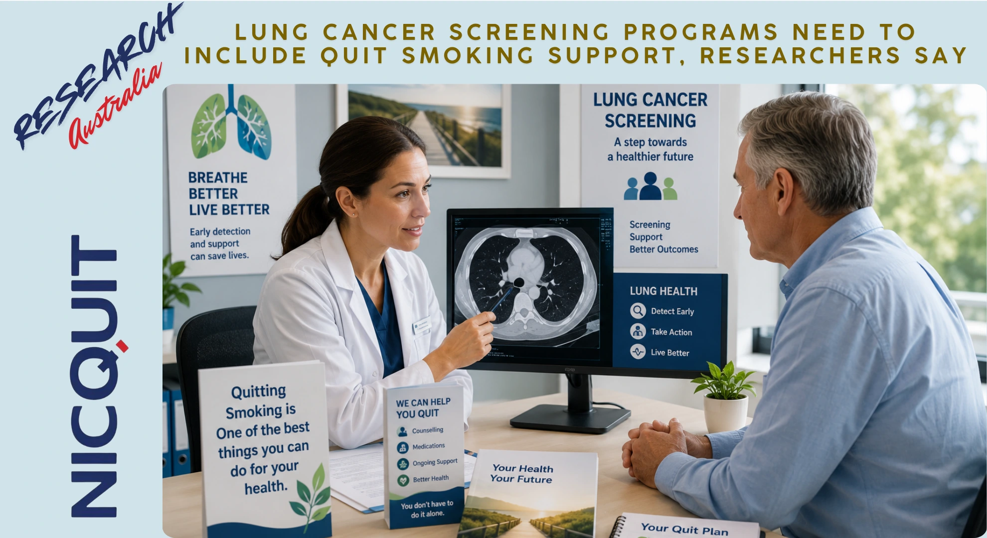 Healthcare professional discussing lung cancer screening quit smoking programs with an adult patient.