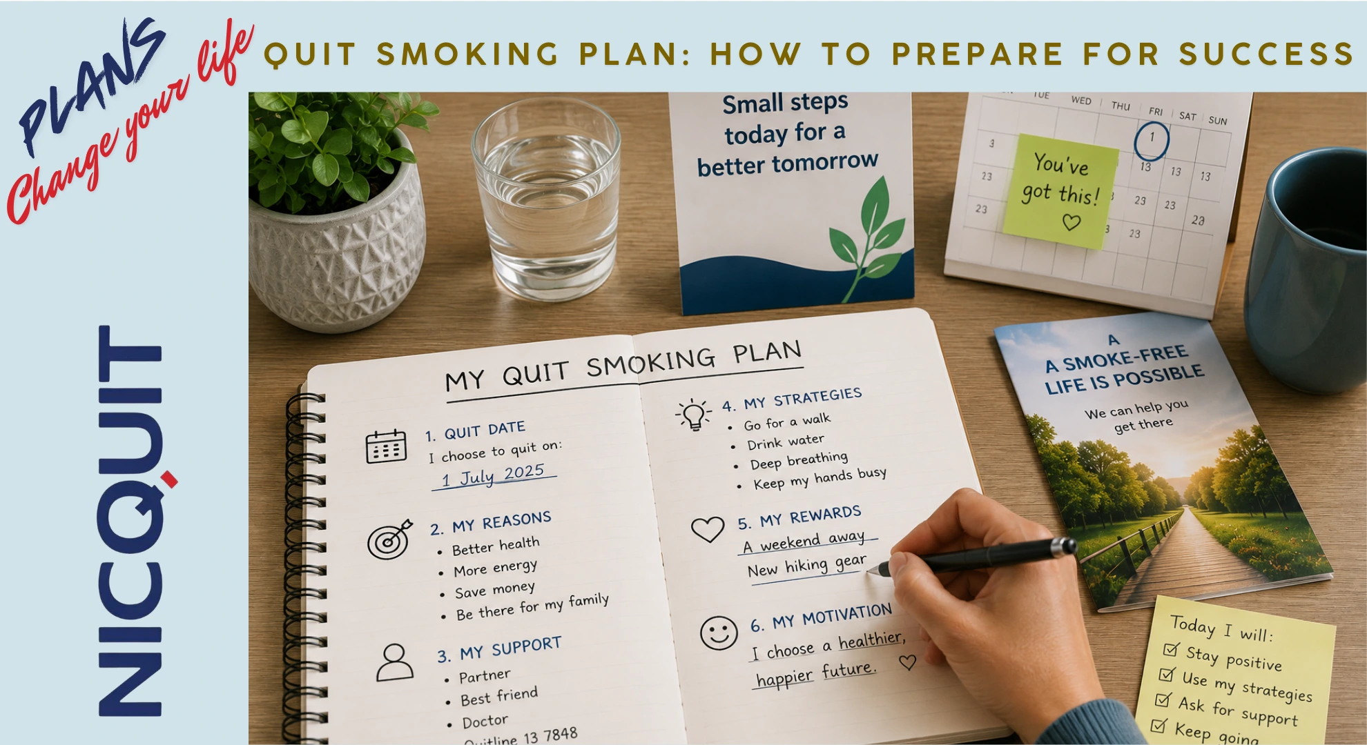 Adult creating a quit smoking plan with goals, support strategies and healthy lifestyle reminders.