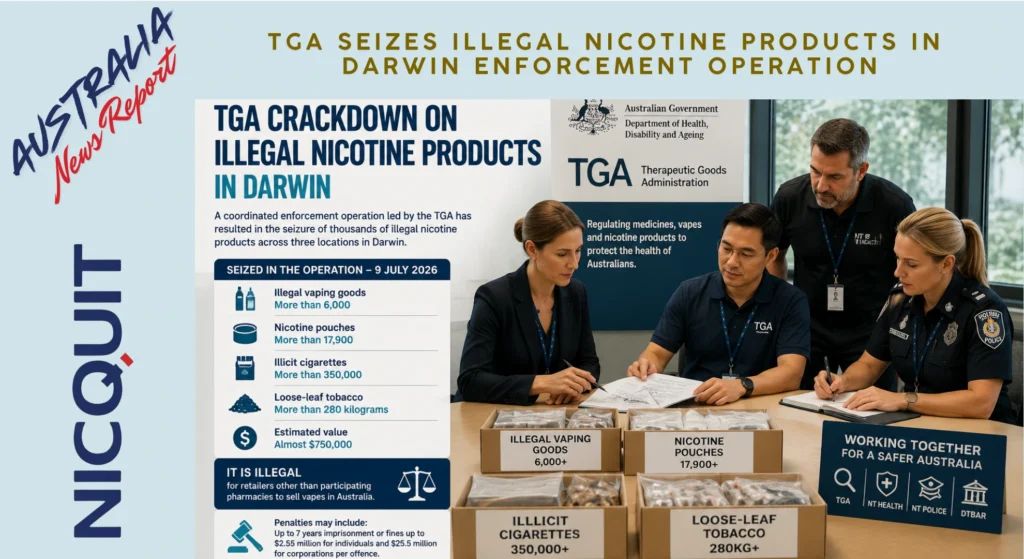 Australian health officials discussing illegal nicotine products enforcement and public health regulation.