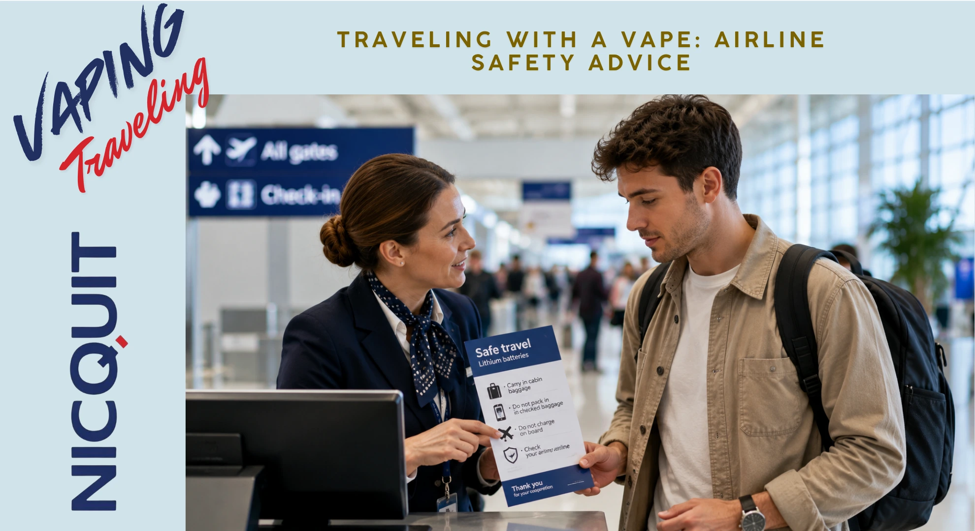 Healthcare professional advising Australian travellers about travelling with a vape before boarding a flight.