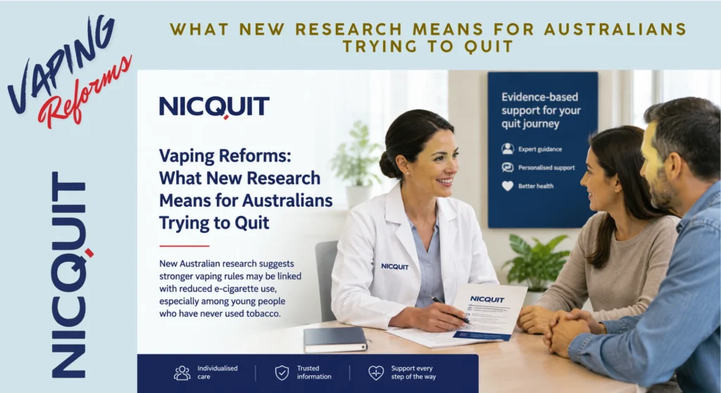 Healthcare professional speaking with two adults about quit smoking support in Australia